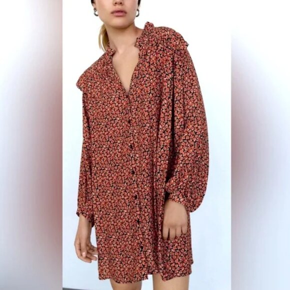 Zara Red Floral Printed Button Ruffle Shoulder Long Sleeve Mini Dress XL - Picture 2 of 13